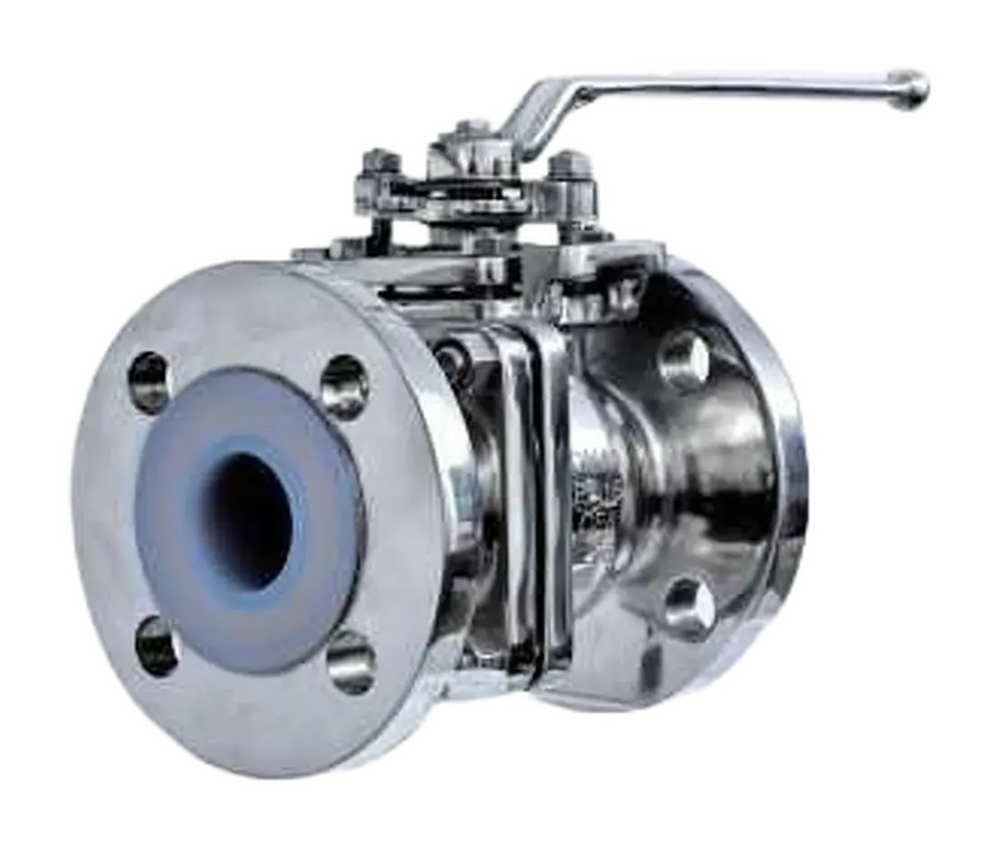Close view of a lined ball valve flow opening